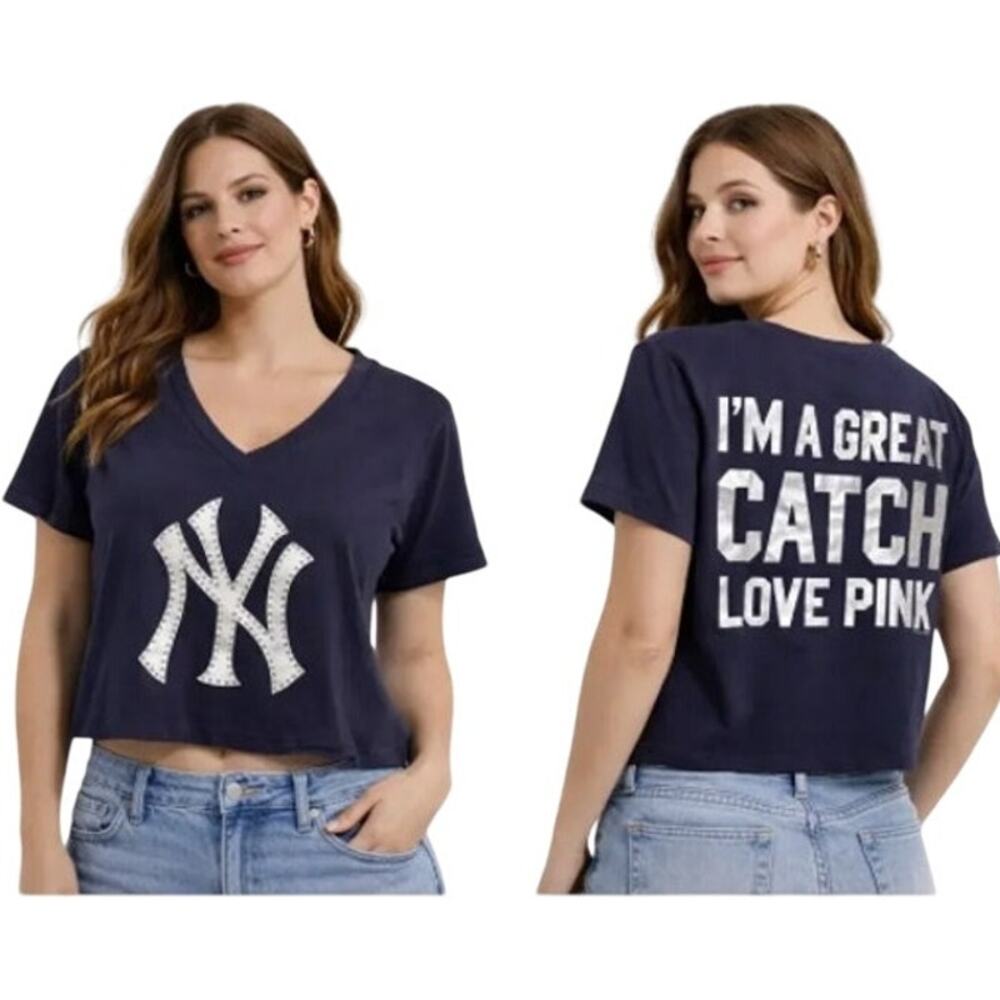 Victoria’s Secret PINK New York Yankees Rhinestone Cropped V-Neck Top Medium